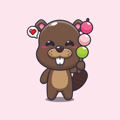 beaver mascot cartoon character vector illustration eating dango.