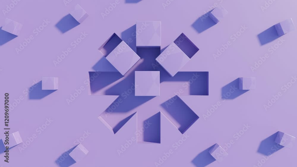 Poster vibrant purple 3d cubes sliding in a seamless abstract loop – hypnotic geometric animation for moder