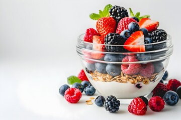 Vibrant Breakfast Bowl with Greek Yogurt Granola and Berries on Minimalist White Backdrop