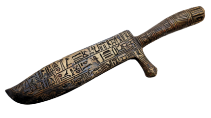 An ancient Egyptian throwing knife with hieroglyphic engravings, set against a cleanTransparent background, PNG file to emphasize its historical and artistic details.