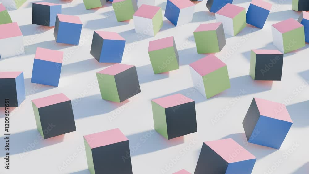 Poster vibrant 3d cubes with multicolored faces rotating in a seamless abstract loop – geometric motion bac
