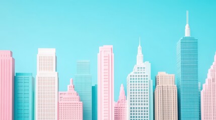Obraz premium A vibrant cityscape featuring numerous tall buildings against a clear blue sky, showcasing urban architecture and expA ve horizons.