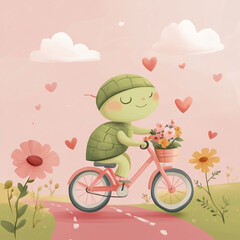 Drawing of cute little turtle with bouquet of flowers riding bike on pastel background