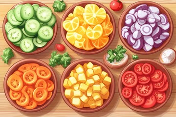 A vibrant display of colorful vegetables fills various bowls, showcasing nature's bounty on a rustic wooden table, inviting culinary creativity.