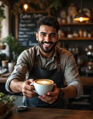 Smiling young caucasian male barista offering freshly brewed coffee in cozy cafe