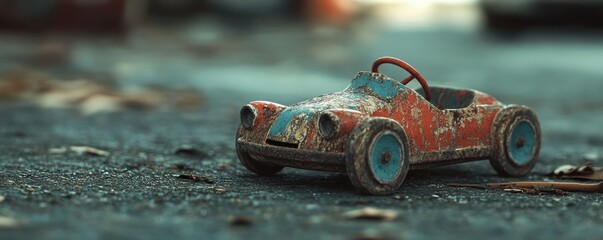 A photorealistic image of a child's toy, its worn and faded paint hinting at the countless hours of playtime it has witnessed.