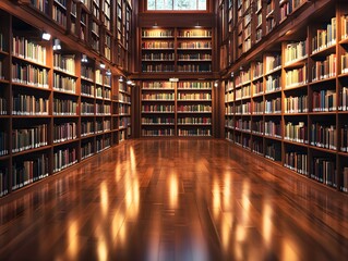 Traditional library hall with warm lighting, polished wood floors, and tall shelves filled with books. A serene study space.