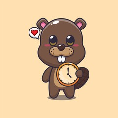 beaver mascot cartoon character vector illustration with clock.