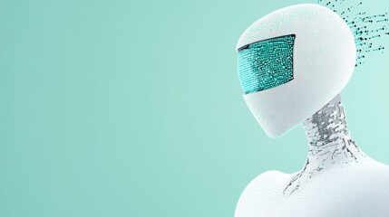 A futuristic robot features a green head with a prominent blue eye, showcasing a blend of technology and creativity in design and color.