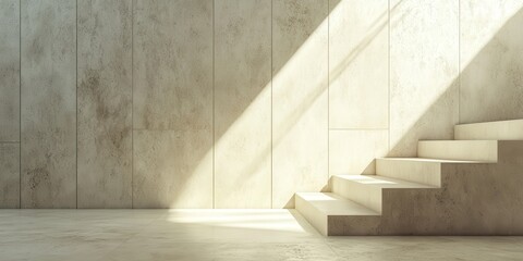 Obraz premium Minimalist concrete staircase with soft warm sunlight casting long shadows in an empty bright and serene interior space The clean simple and austere design creates a tranquil