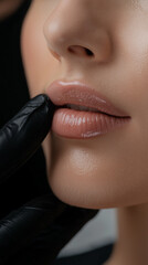 Close-up of a woman's lips and chin with glossy, swollen lips, supported by a hand in black gloves in a clinical aesthetic setting