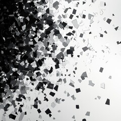 Abstract grayscale fragmented shapes scattered across a white background