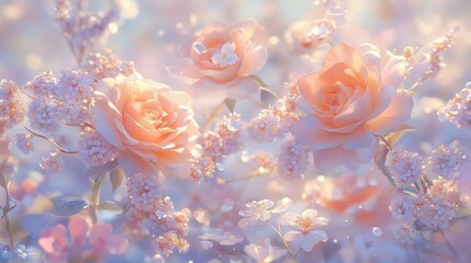 Obraz premium Delicate Roses and Wildflowers Bathed in Soft Sunlight, Creating a Romantic Atmosphere. Shades of Pink and Beige Blossoms Evoke Love, Tenderness, and Natural Elegance.
