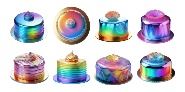 Colorful Iridescent Cakes with Swirls and Decorative Icing Toppers