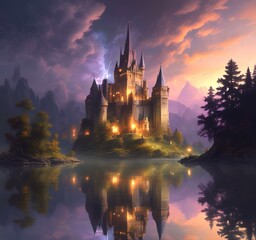 Obraz premium Illustration of glowing mystery tower castle in night.