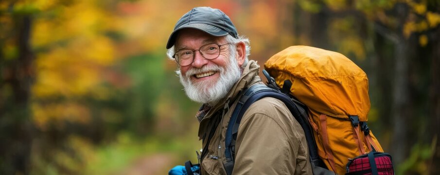Senior man hiking with a backpack, vibrant and adventurous.