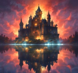 Fototapeta premium Illustration of glowing mystery tower castle in night.