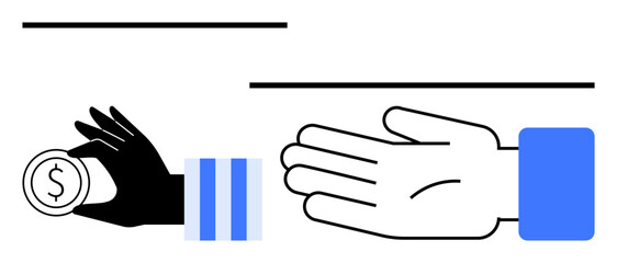 Black hand holding coin with dollar sign giving to blue-white hand below line. Ideal for e-commerce, business transactions, financial exchanges, payments, charity, donations, giving-receiving themes