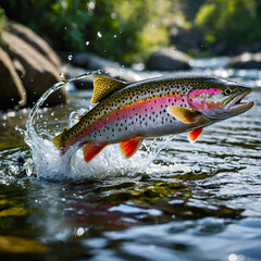 Rainbow trout jumping out of the water energetically in a natural river setting
