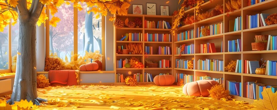 Cozy Autumn Classroom Library Corner with Students Exploring Fall Themed Books