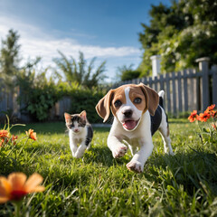Playful beagle puppy and calico kitten running joyfully in a vibrant garden
