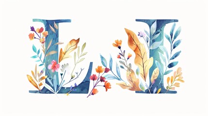 Elegant Floral Alphabet Letter L with Watercolor Leaves and Leafs