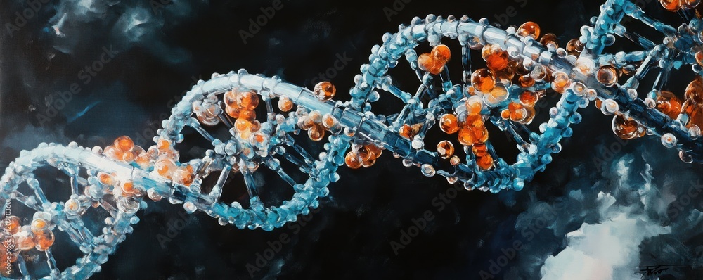 Poster a close-up photorealistic painting of a dna molecule, its double helix structure representing the bu