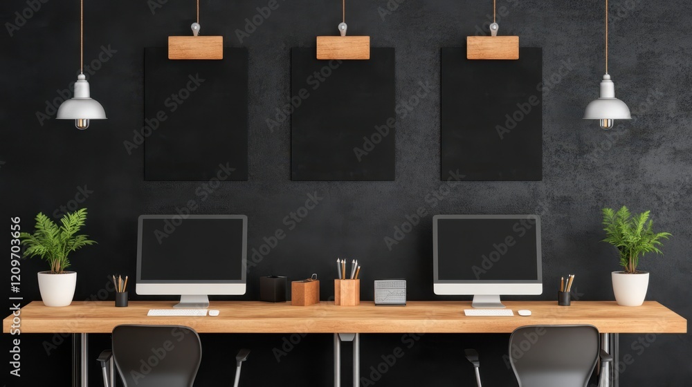 Aufkleber a modern workspace featuring three computers arranged on a desk accompanied by two chairs for collab