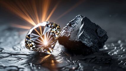 Close-Up of Gleaming Diamond and Rough Coal on a Textured Surface: A Symbolic Contrast of Transformation Under Stress with Light Rays on a Dark Background