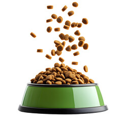 Dry pet food falling into bowl on white background