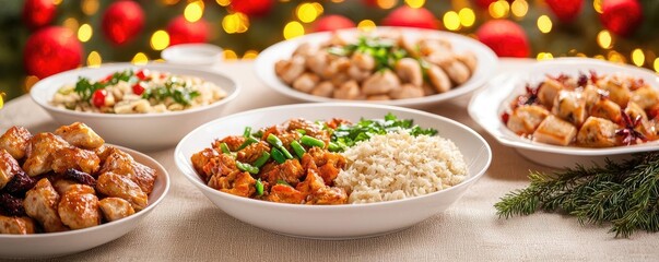 Chinese new year celebration concept. Delicious spread of festive dishes with vibrant colors and textures ready for enjoyment.