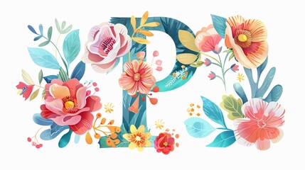 Elegant Floral Alphabet Letter P with Watercolor Flowers and Leaves