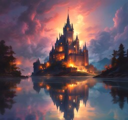 Naklejka premium Illustration of glowing mystery tower castle in night.