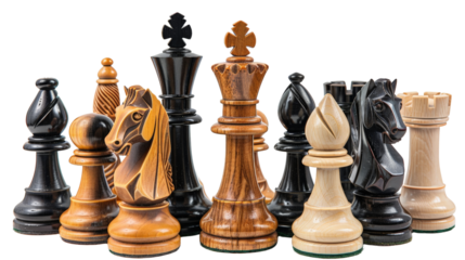 A group of chess pieces, including a mix of traditional and modern styles, isolated on aTransparent background, PNG file to highlight the contrast in their designs.