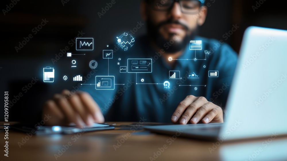 Poster a person is focused on a laptop, surrounded by numerous icons that symbolize digital activity and mu