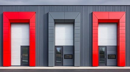 Fototapeta premium Minimalist Gray and Red Metal Building with Windows and White Roller Shutter Doors Against a Gray Sky. Modern Industrial Architecture and Abstract Geometric Design Concept.
