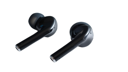 A pair of sleek wireless earphones with a minimalist design, isolated on aTransparent background, PNG file