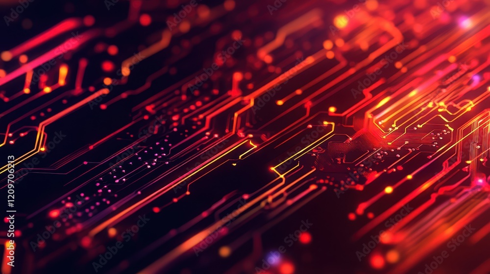 Aufkleber a close-up view of a computer circuit board featuring numerous vibrant red and yellow lights, highli