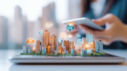 A person holds a smartphone displaying a vibrant cityscape, symbolizing the intersection of technology and urban life.
