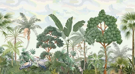Tropical jungle forest, palm tree, botanical plants, crane birds illustration pattern for wallpaper mural print