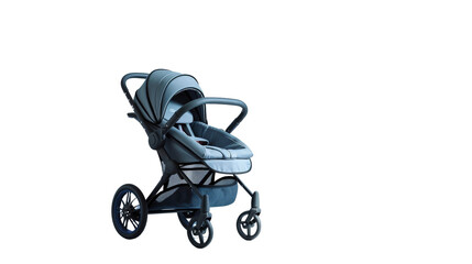 A practical baby stroller with a spacious storage basket and easy-fold mechanism, isolated on a white backdrop to emphasize its convenience and usability.