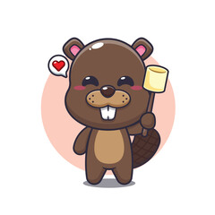 Obraz premium beaver mascot cartoon character vector illustration eating marshmallow.
