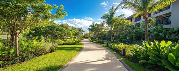 Serene pathway lined with lush greenery and trees, a peaceful setting for a leisurely walk or jog under the bright blue sky Nature and tranquility concept