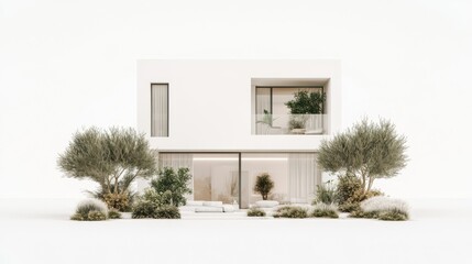 Aerial view of a white house surrounded by lush greenery and numerous vibrant plants, showcasing a harmonious blend of architecture and nature.