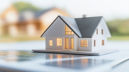 A miniature house model sits atop a laptop, symbolizing the intersection of architecture and technology in modern design practices.