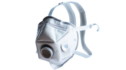 A single N95 face mask with a built-in filter and adjustable straps, isolated on aTransparent background, PNG file . The mask is shown with a close-up view of its filter and nosepiece