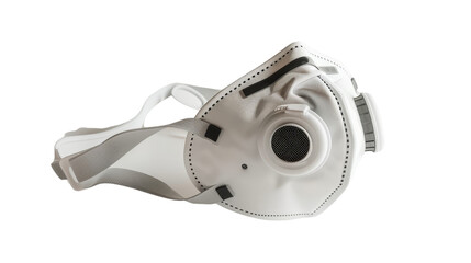 A single N95 face mask with a built-in filter and adjustable straps, isolated on aTransparent background, PNG file . The mask is shown with a close-up view of its filter and nosepiece