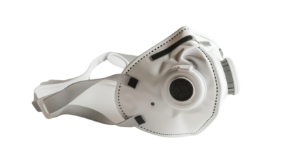 A single N95 face mask with a built-in filter and adjustable straps, isolated on aTransparent background, PNG file . The mask is shown with a close-up view of its filter and nosepiece