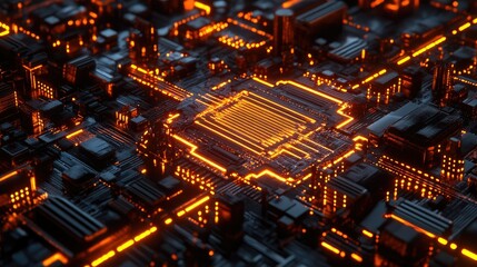 Obraz premium Neon-lit circuit boards a cityscape
