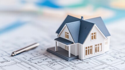 A detailed view of a model house placed on a blueprint, showcasing architectural design and planning elements in a professional context.